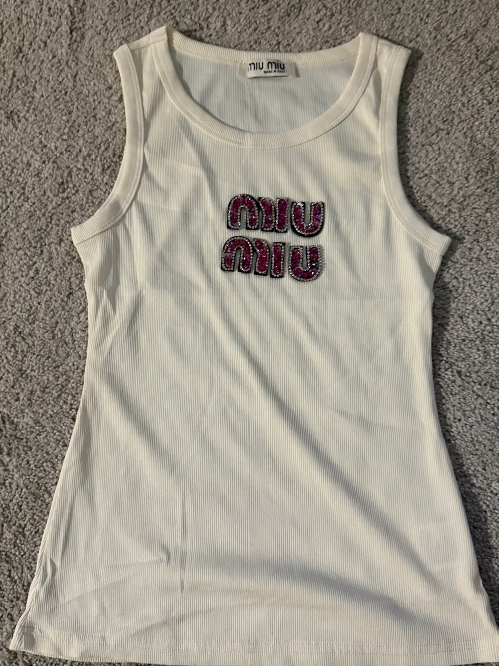 Miu Miu Cream Ribbed Tank with Pink Embellished Logo